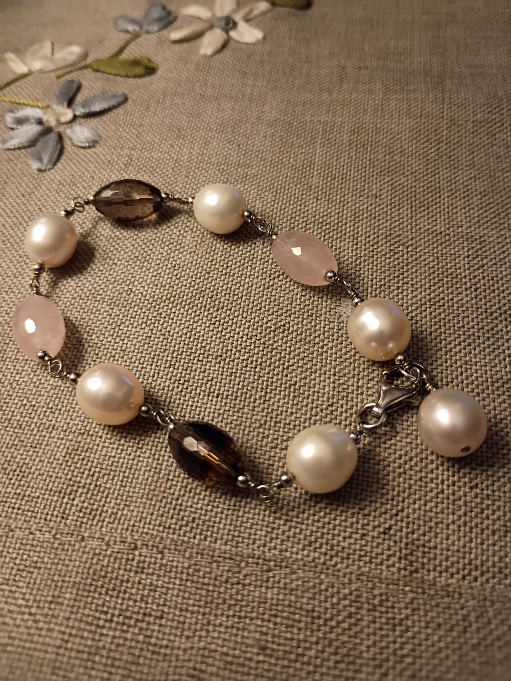 Sterling Silver Pearl & Rose And Smokey Quartz Beaded Bracelet - Pearl Accent